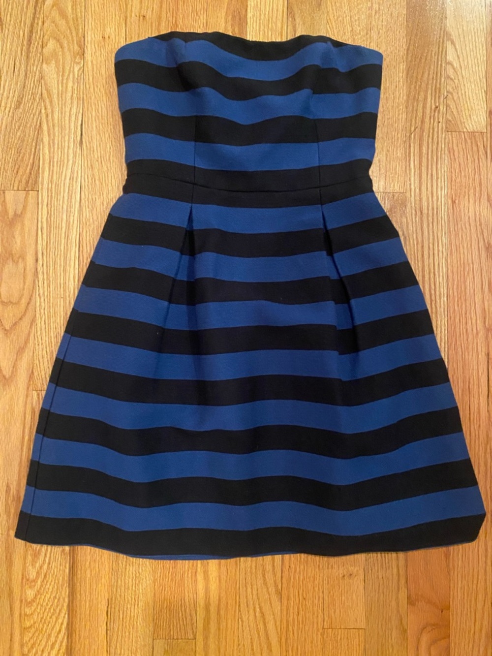 Trina Turk Black and Blue Strapless Stripe A-Line Dress